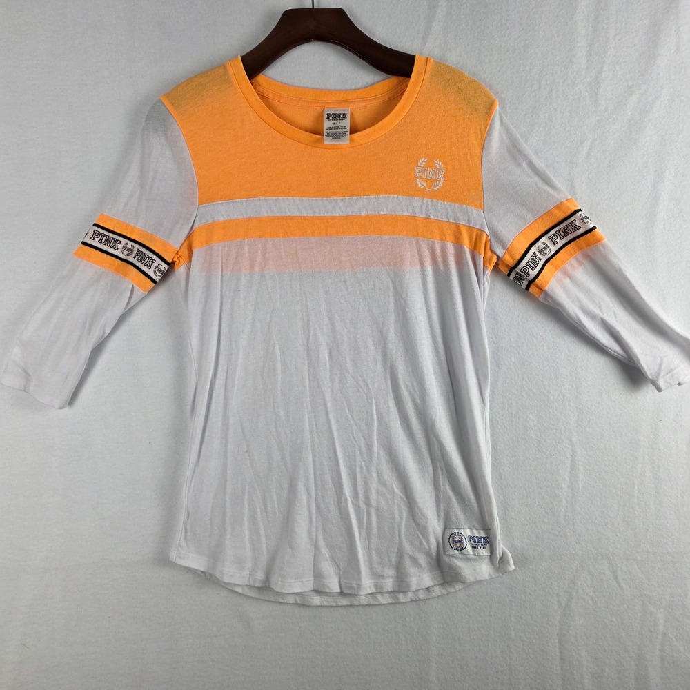 Victoria's Secret PINK Women's White Orange Colorblock Varsity T-Shirt Size S